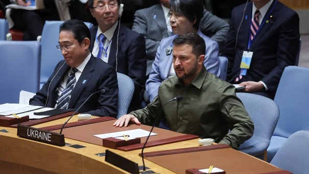 El Presidente ucraniano Volodimir Zelensky. Asamblea de la ONU, Nueva York, 2023. Captura de pantalla.